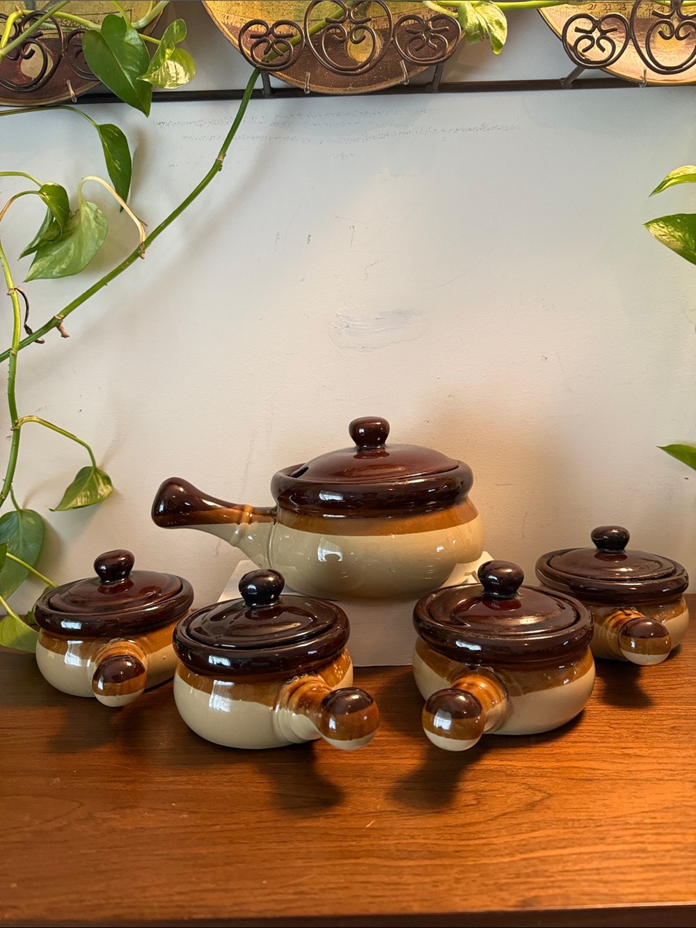 Brown and Cream Ceramic Soup Bowls with Lids and Handles - Set of 5